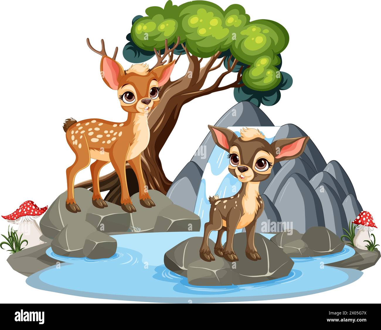 Ci sono due graziosi cervi vicino ad una piccola cascata e ad un laghetto Illustrazione Vettoriale