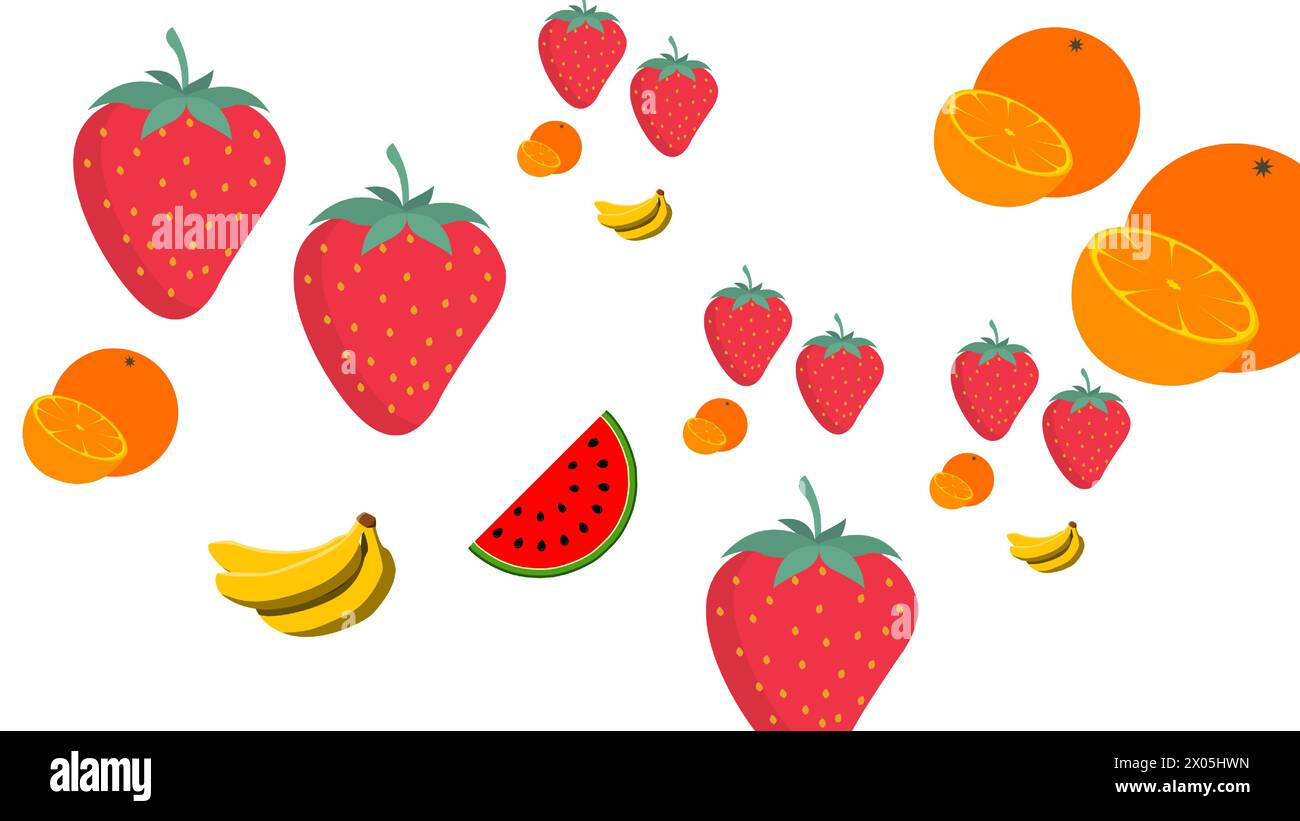 Imposta motivi artistici senza cuciture frutta astratta, forme semplici, foglie, mandarini, mele, arance, pere, fragole, agrumi, estate brillante Illustrazione Vettoriale