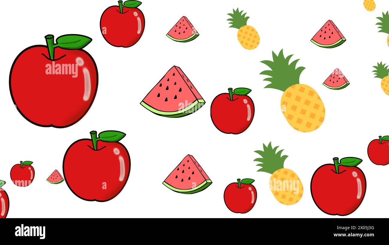 Imposta motivi artistici senza cuciture frutta astratta, forme semplici, foglie, mandarini, mele, arance, pere, fragole, agrumi, estate brillante Illustrazione Vettoriale