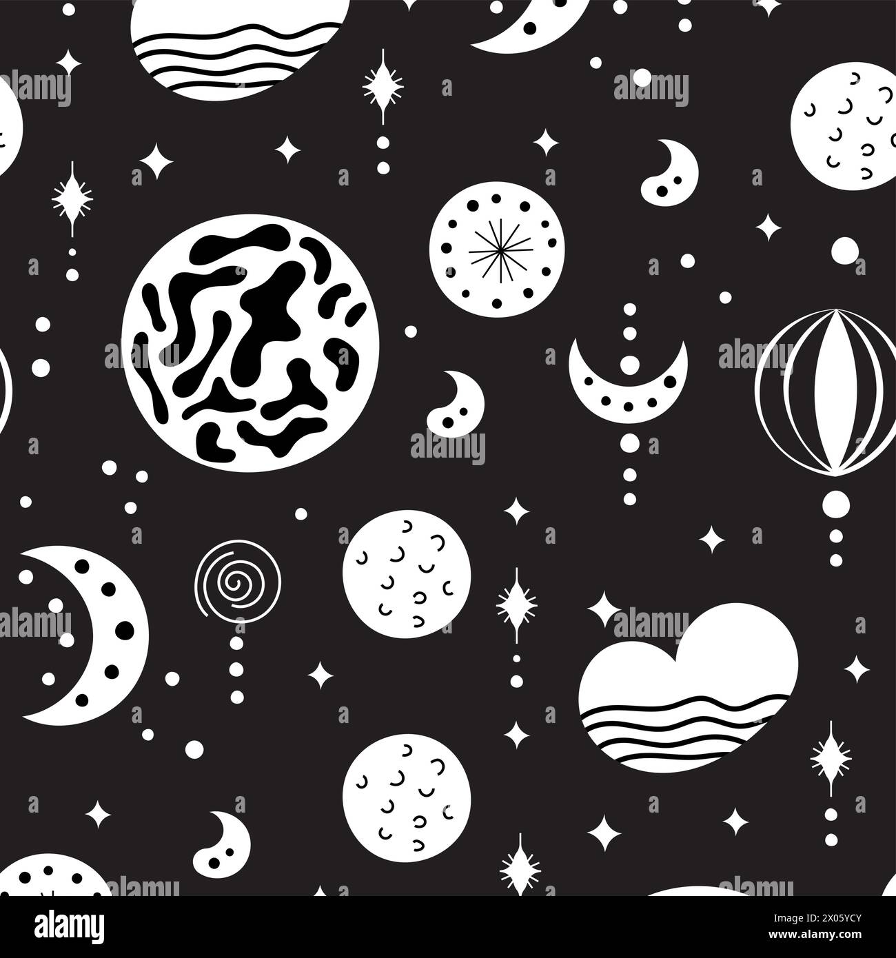 Motivi neo-folk senza cuciture con luna, nuvola, sole e stelle, design celeste bianco e nero. Crea sfondi infiniti in stile neo folk perfetti per Illustrazione Vettoriale