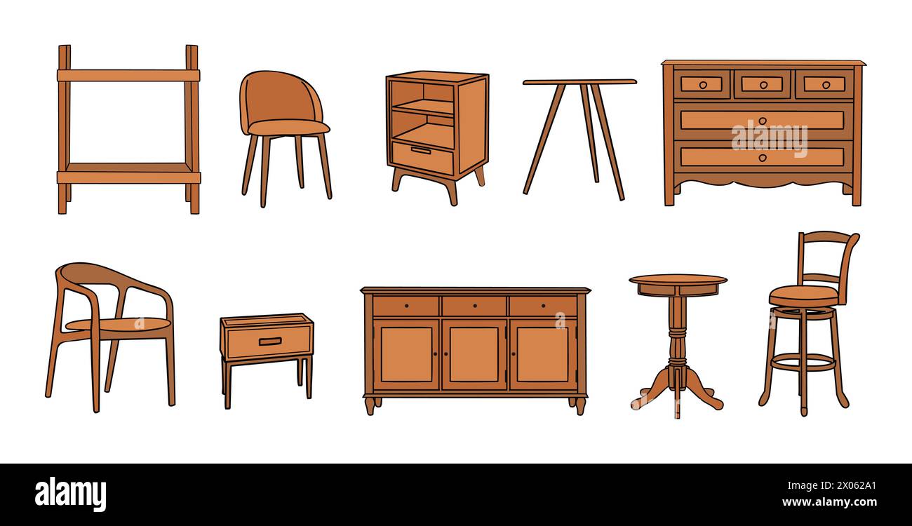 Set di moderni mobili in legno isolati. Illustrazione Vettoriale