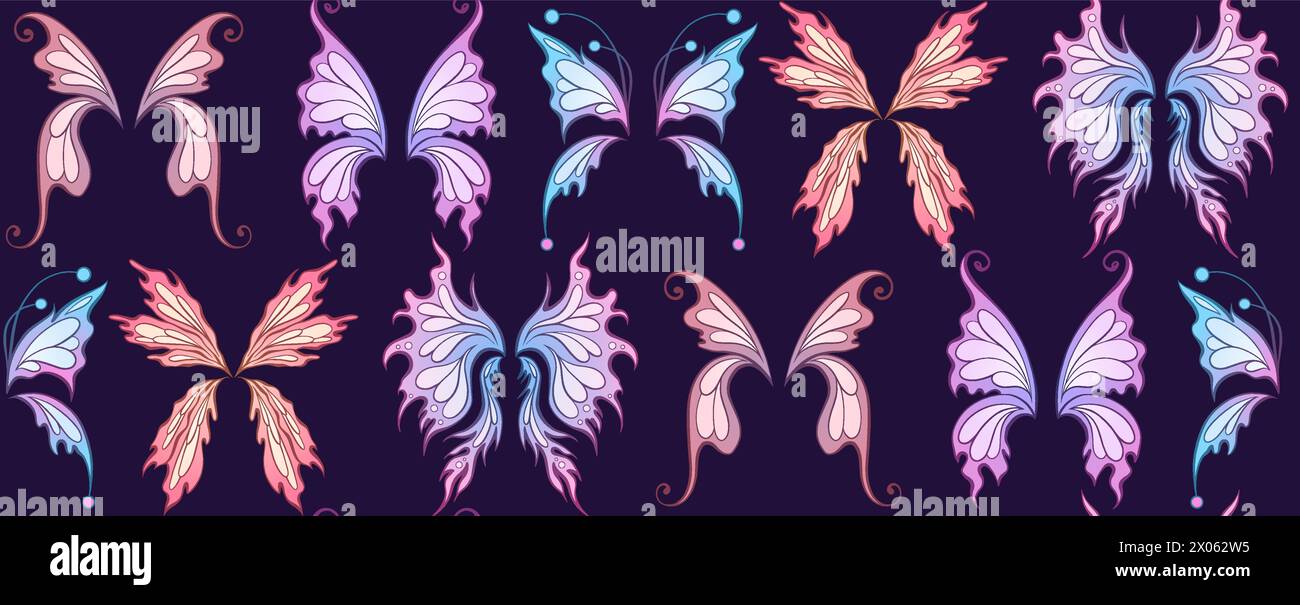 Motivo al neon vettoriale senza cuciture con alette a farfalla su sfondo viola. Texture magica con ali da fata per tessuti e carte da parati Illustrazione Vettoriale