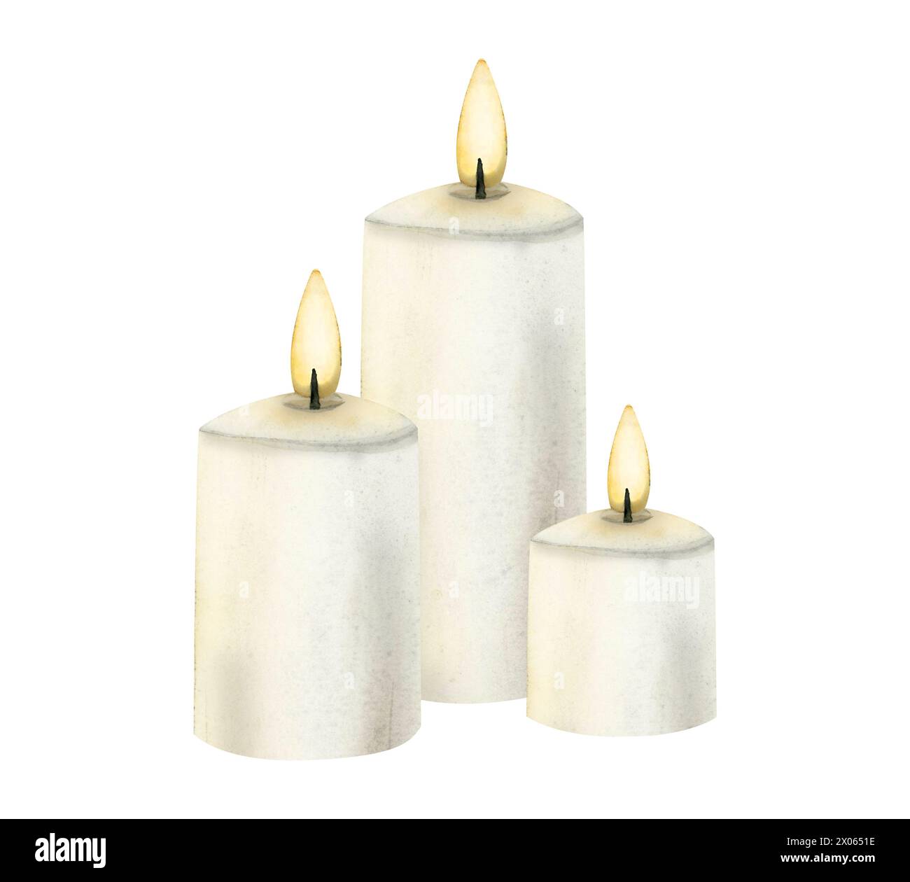Tre candele di Natale bianche con illustrazione ad acquerello fiamma per biglietti di auguri di Capodanno in stile realistico Foto Stock