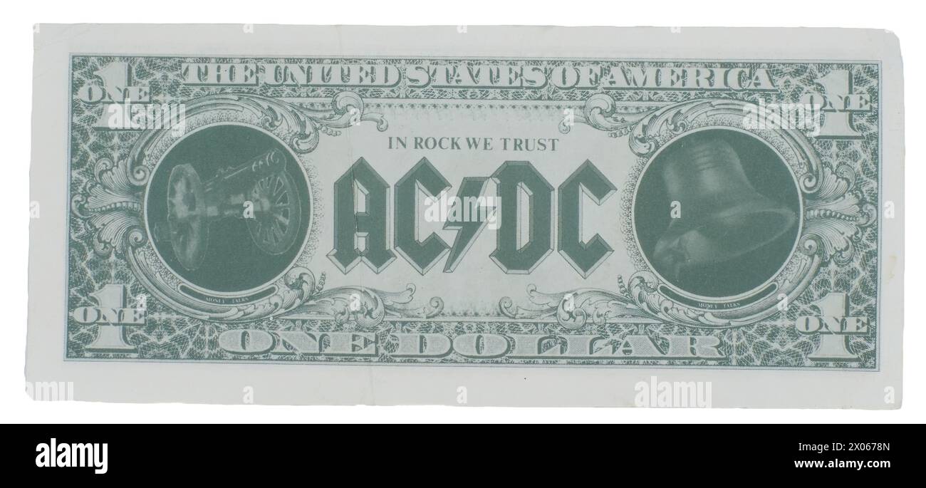 AC-DC Razors Edge MONEY PARLA DI Angus Young Promotional One Dollar Bill 1990 da un concerto a St. Petersburg, Florida USA isolato su sfondo bianco. Foto Stock