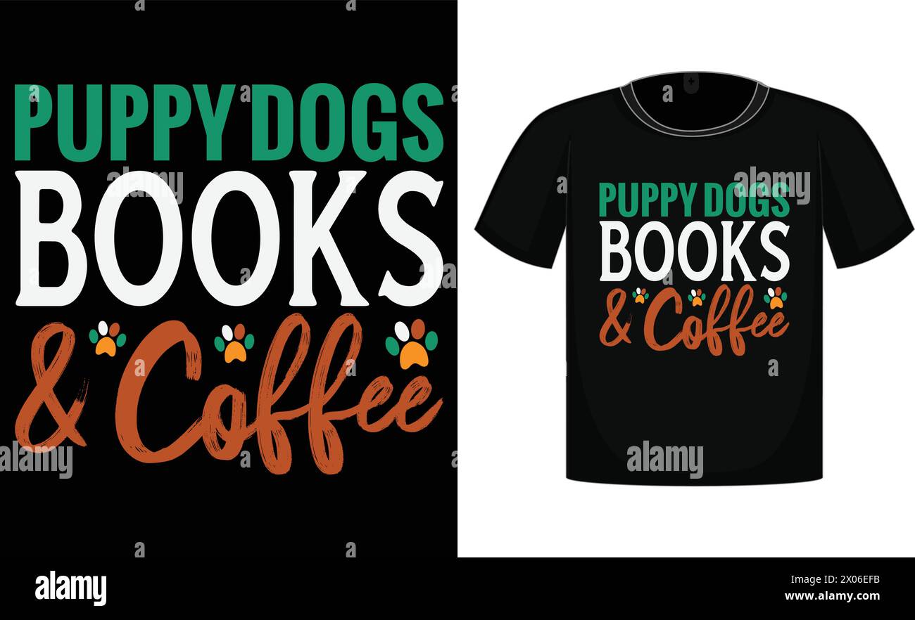 Libri e caffè per cuccioli, T-shirt con stampa, camicia divertente, T-shirt da regalo. Design da regalo Illustrazione Vettoriale