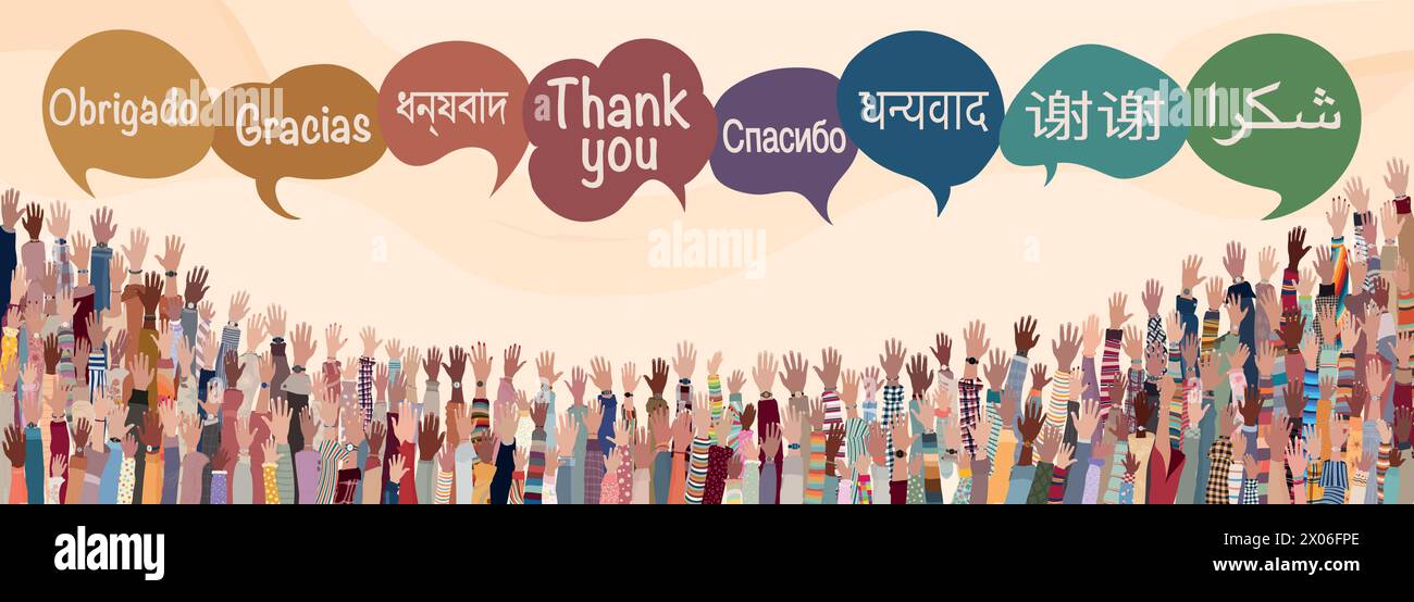 Striscione con molte mani alzate persone multiculturali di diverse nazioni e continenti.bolle di parola con testo -Grazie- in varie lingue Illustrazione Vettoriale
