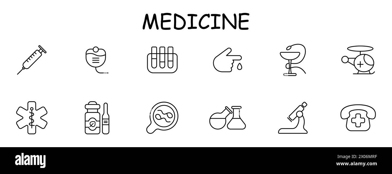 Icona del set di apparecchiature mediche. Vetro, serpente, calice, telefono, croce, chiamare un'ambulanza, un microscopio, una lente d'ingrandimento, un pallone, un contenitore, contagocce, salute Illustrazione Vettoriale