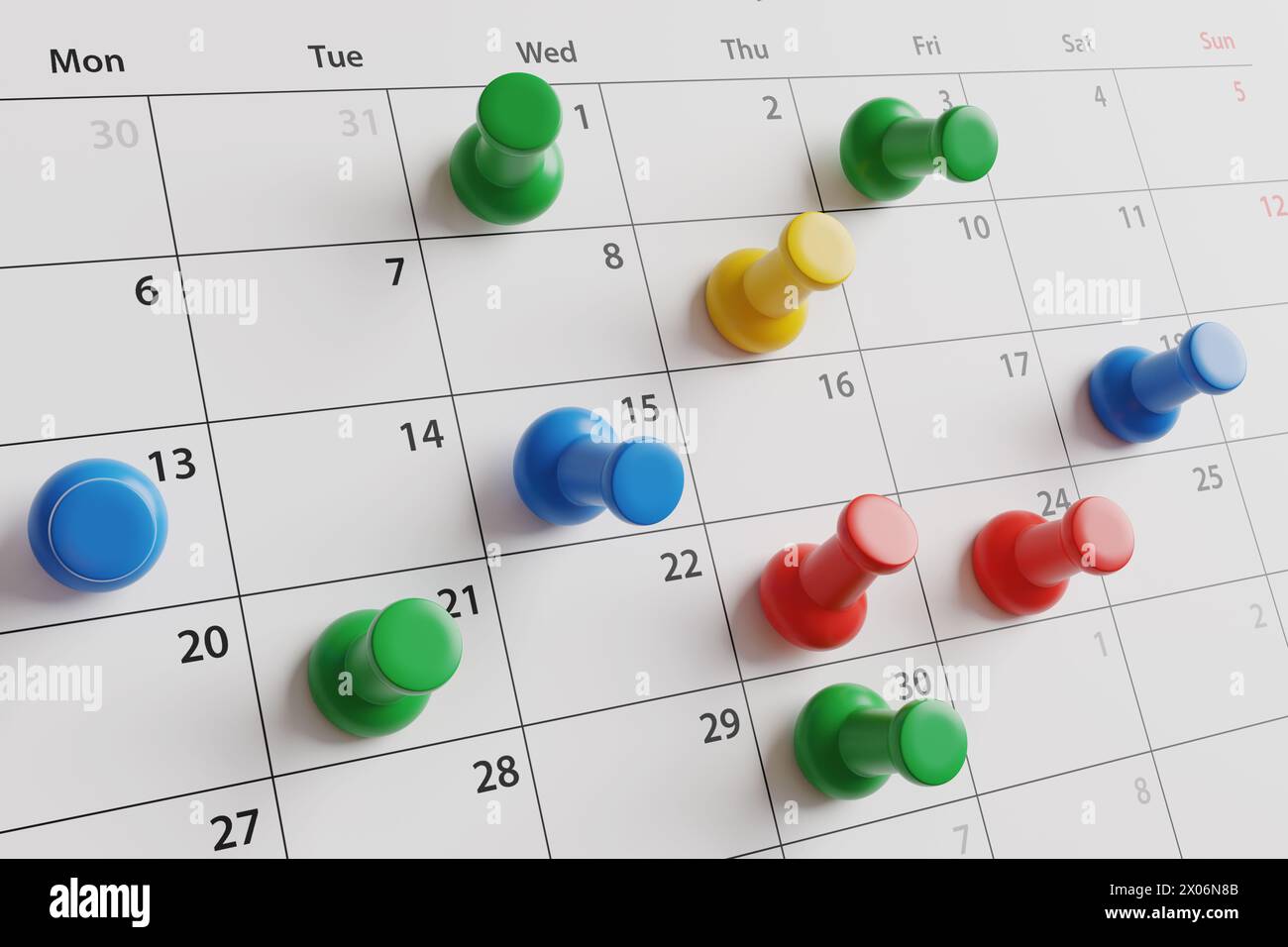Calendario mensile fissato con pin push di colori diversi. Illustrazione del concetto di programmi aziendali, date degli eventi, date di scadenza, scadenze Foto Stock