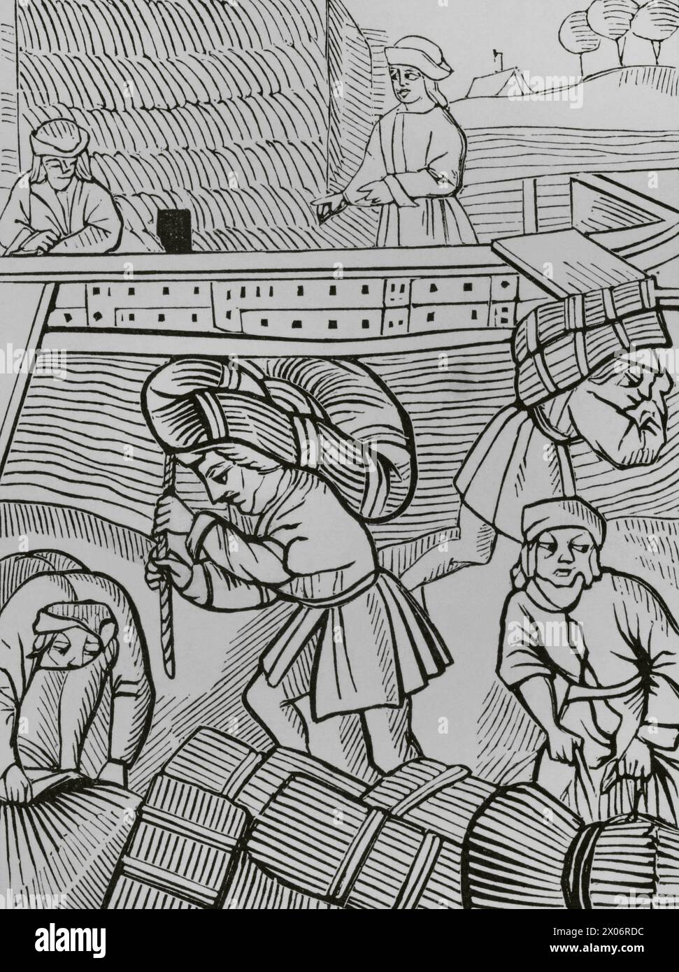 Francia. Portatori di fieno. Facsimile di un'incisione da ''Les ordonnances royaux sur le faict et jurisdiction de la prévosté des marchands et eschevinage de la ville de Paris', Parigi, 1528. "Moeurs, usages et costumes au moyen-âge et à l'époque de la Renaissance", di Paul Lacroix. Parigi, 1878. Foto Stock