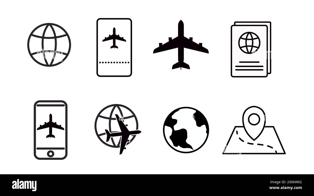 Set di icone di viaggio. Illustrazione isolata in bianco e nero vettoriale delle icone relative ai viaggi Illustrazione Vettoriale