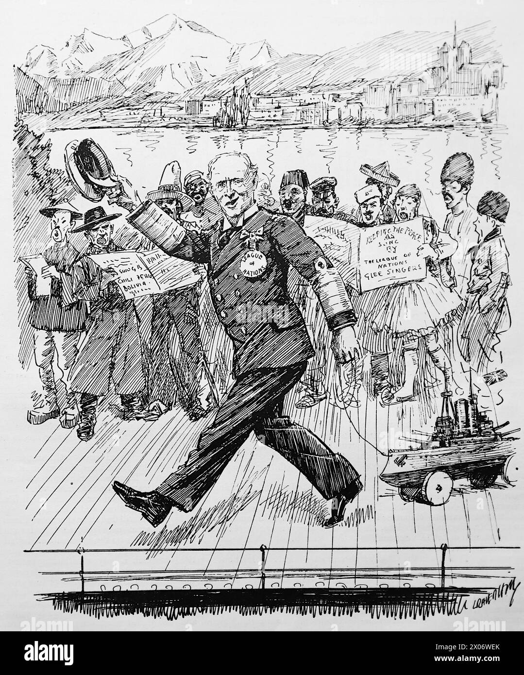 La Blue Lake School, non attribuita, il 24 settembre 1924, riferendosi all'ammiraglio Lord Parmoor e alla promessa di usare la Royal Navy per far rispettare le decisioni della società delle Nazioni. Fotografia da un disegno di linea originariamente stampato sul periodico Punch and London Charivari nel 1924. Questo è un buon esempio degli artisti abili e dell'umorismo e della satira dell'epoca. Foto Stock