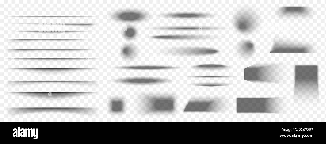 Set di effetti ombra della carta o della scatola di imballaggio. Diverse forme realistiche di grigio tenue. Linee di divisione, quadrati e rettangolari, sfumature tonde e ovali isolate su sfondo trasparente. Illustrazione vettoriale. Illustrazione Vettoriale