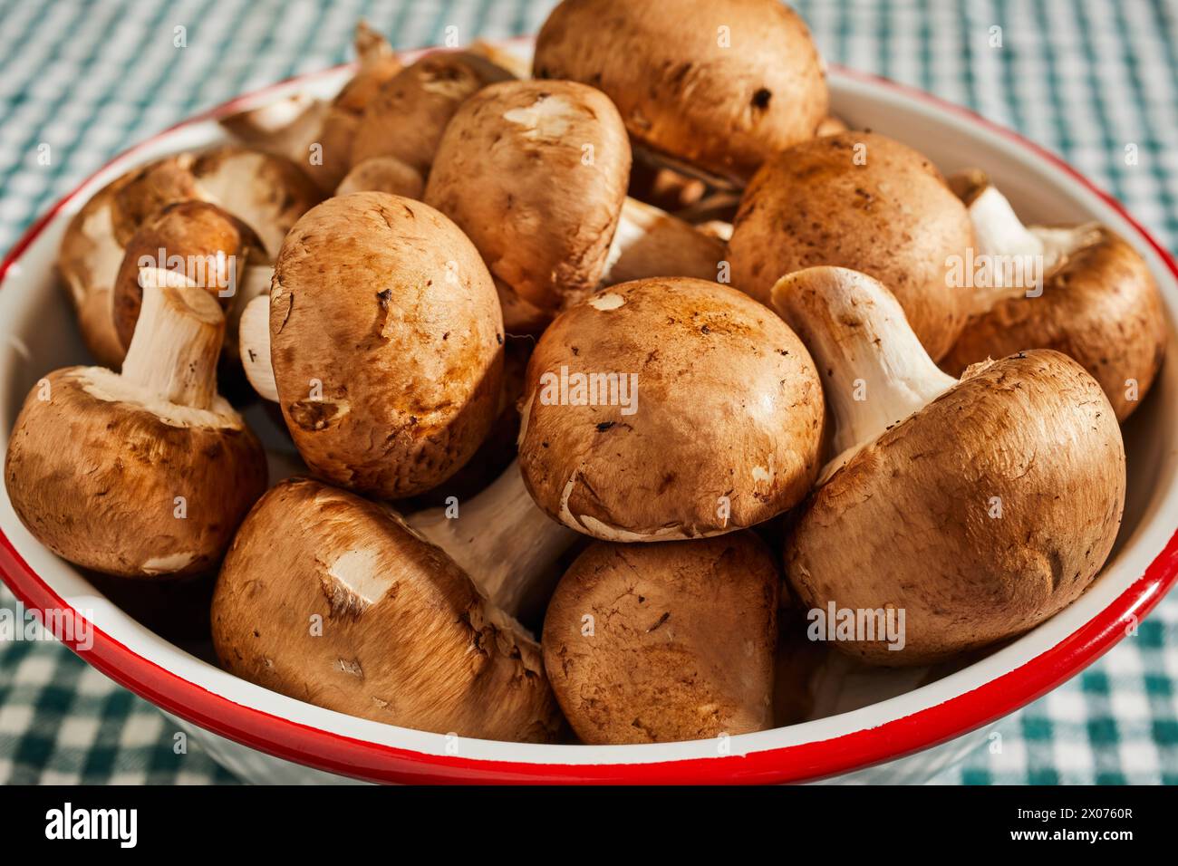 Una ciotola di funghi bella crudi, Agaricus bisporus, detti anche crimini, italiani, portabello, o portabella. Foto Stock