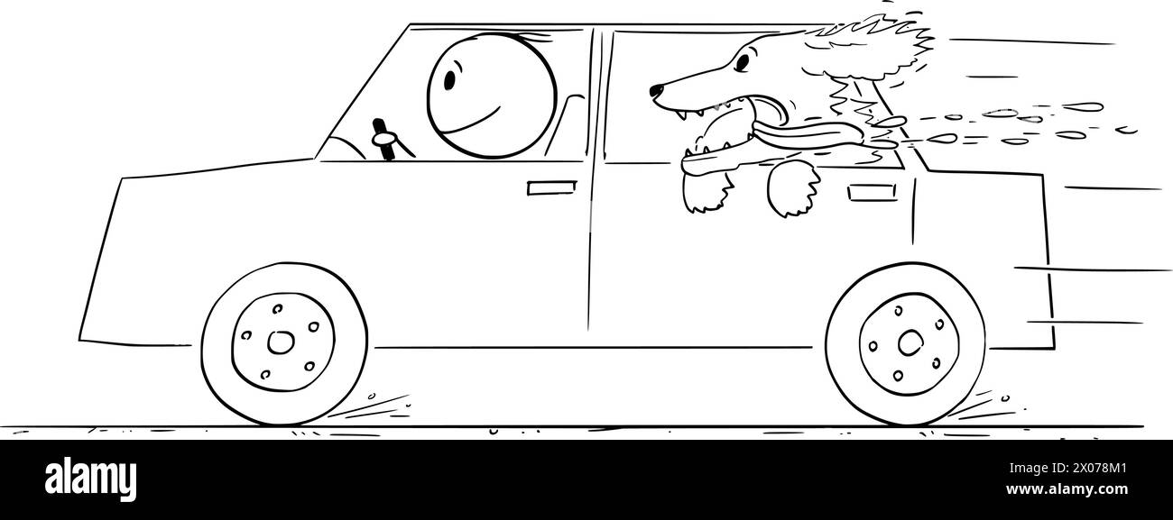 Dog in the Car, Vector Cartoon Stick Figure Illustration Illustrazione Vettoriale