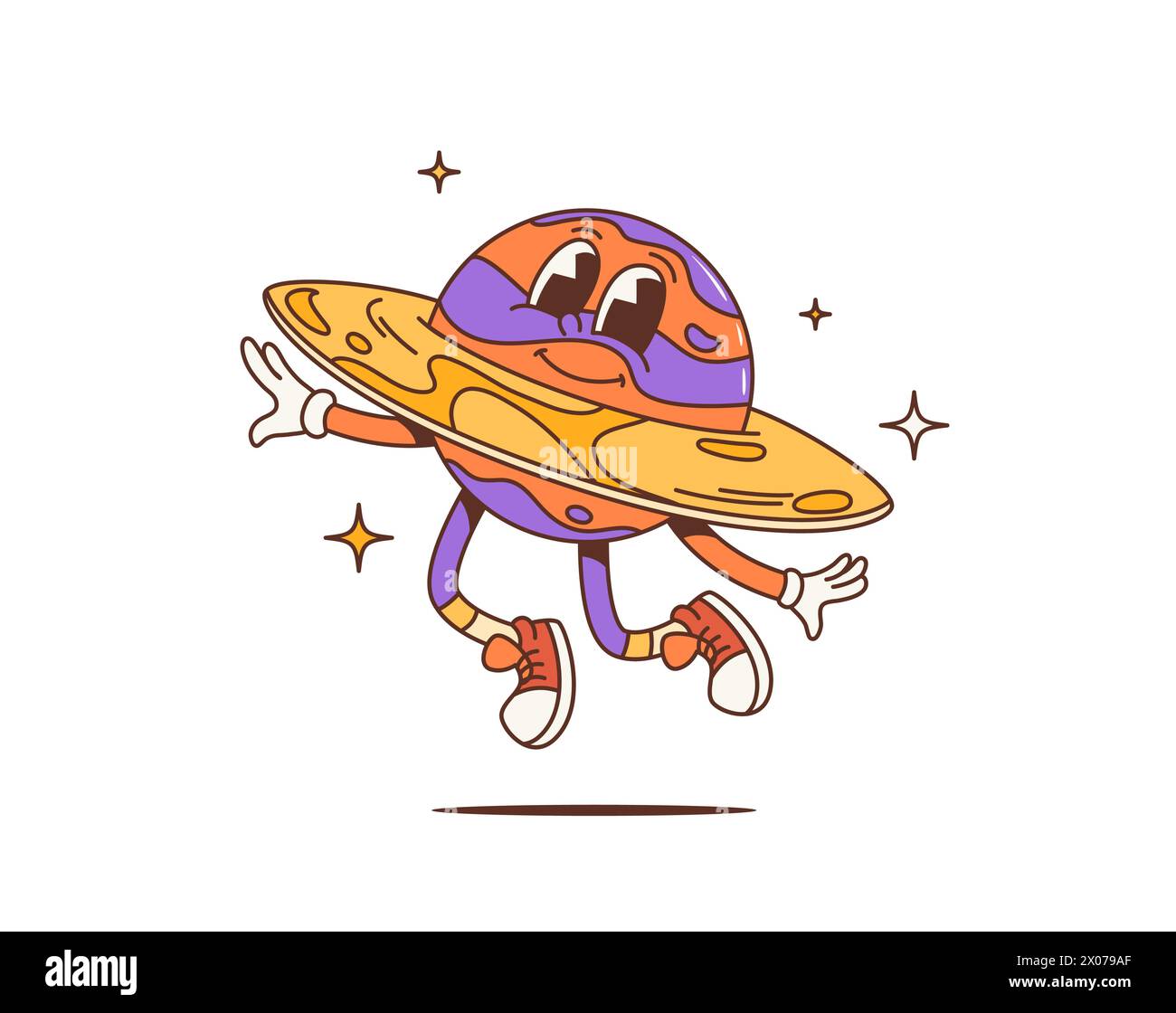 Cartoon spazio retro pianeta Groovy personaggio. Vettoriale isolato, vivace e funky personaggio del pianeta Saturno con un anello, un ampio sorriso, colori psichedelici e fantasie ipnotiche, circondati da stelle Illustrazione Vettoriale
