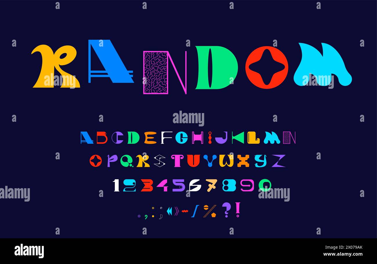 Carattere moderno e brutale, grassetto casuale, carattere estetico, figura astratta, alfabeto inglese, tipografia vettoriale. Lettere e numeri di forma geometrica casuale, carattere colorato e brutale dei caratteri inglesi abc Illustrazione Vettoriale