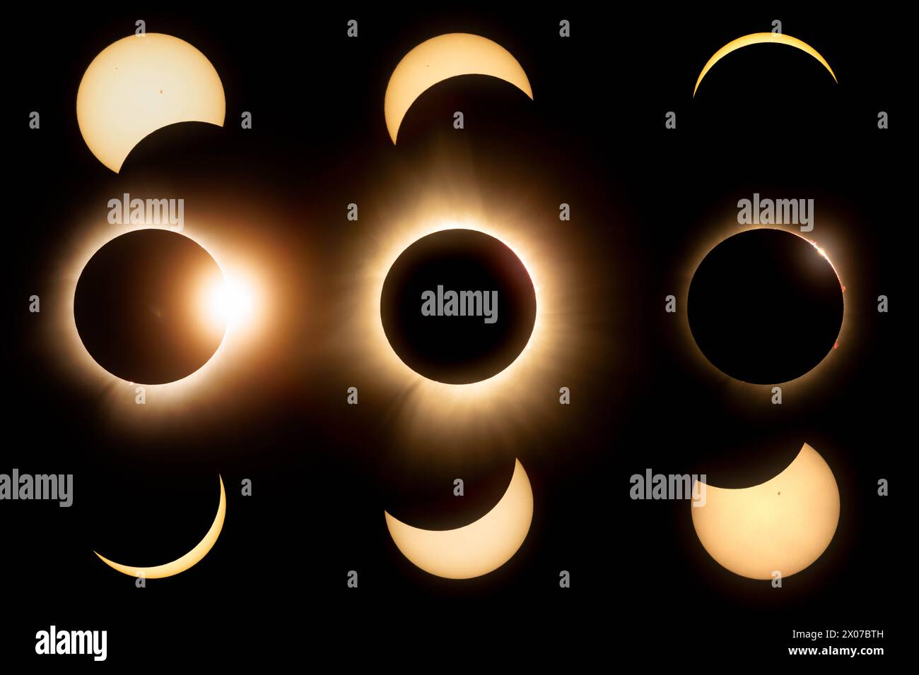 Composito di molteplici passi dell'8 aprile 2024 eclissi totale del sole da Montreal Foto Stock