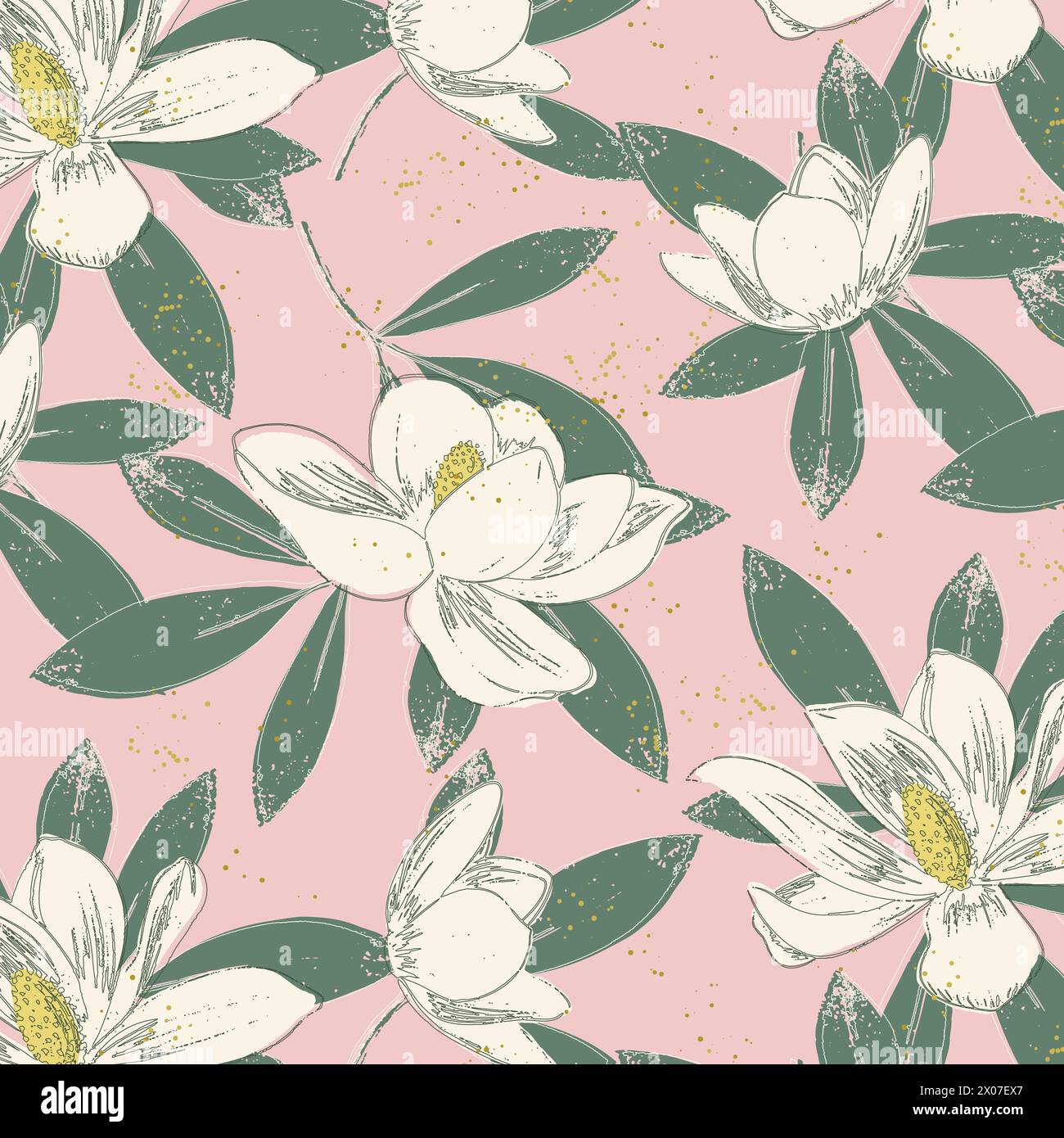 Motivo senza cuciture di fiori di magnolia e foglie verdi su sfondo rosa Illustrazione Vettoriale