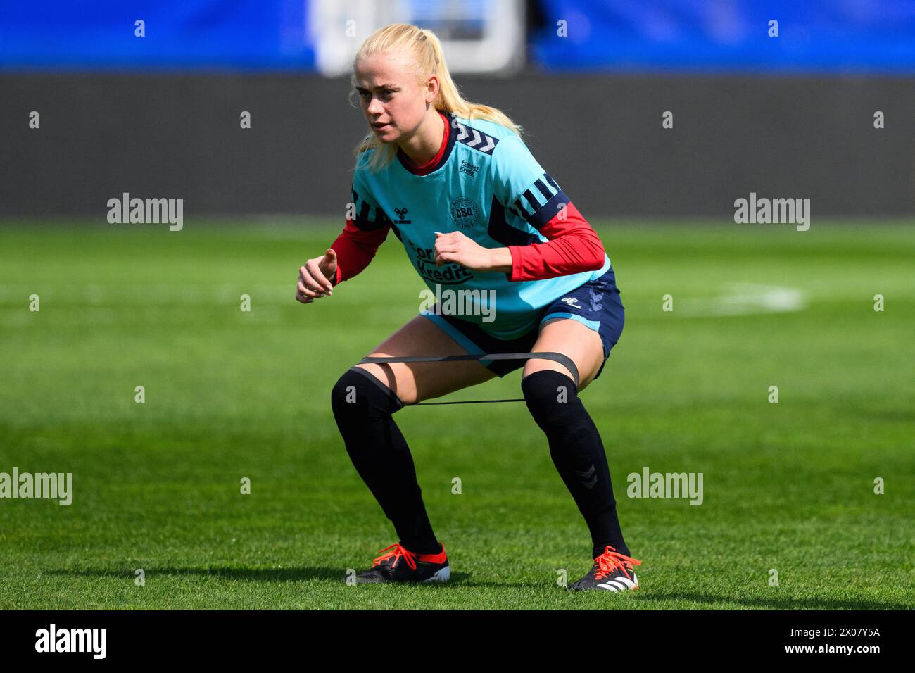 Uherske Hradiste, Repubblica Ceca, 4 aprile 2024: Formazione della squadra femminile danese prima della partita di calcio delle qualificazioni europee UEFA femminile tra Repubblica Ceca e Danimarca, City Stadium, Repubblica Ceca (Vlastimil Vacek / SPP) Foto Stock