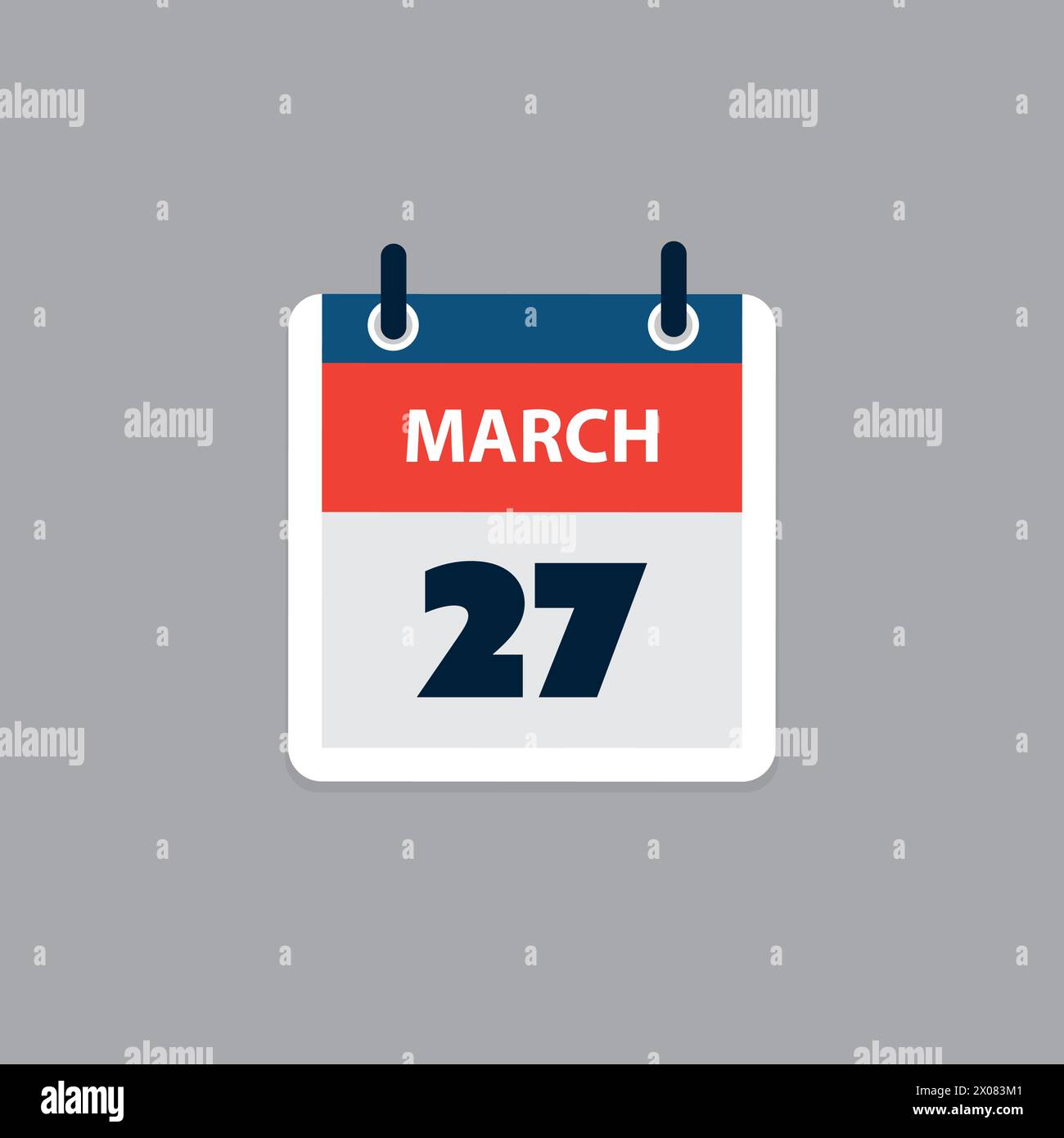 Pagina calendario semplice per il giorno del 27 marzo - banner, progettazione grafica isolata su sfondo grigio - elemento di progettazione per Web, opuscoli, poster, utile per Illustrazione Vettoriale