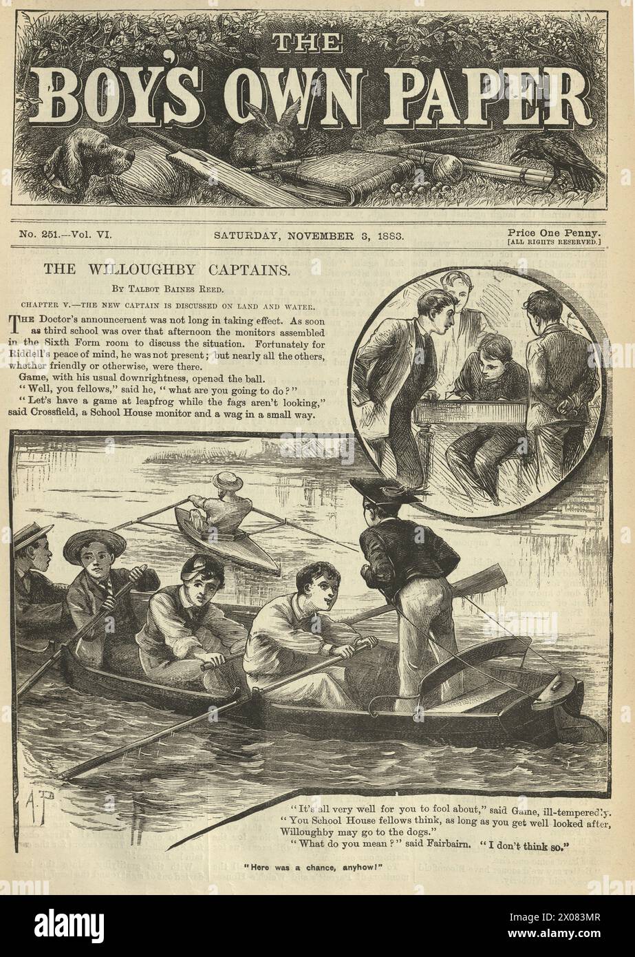 School Boys imparando a remare una barca, illustrazione d'epoca, XIX secolo vittoriano, i capitani Willoughby, di Talbot Baines Reed, 1880s Boy's Own Paper Foto Stock