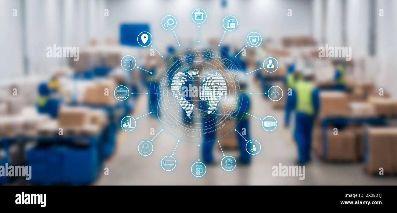 Concetto di centro di distribuzione e rete di comunicazione internazionale. icona globo e logistica Foto Stock
