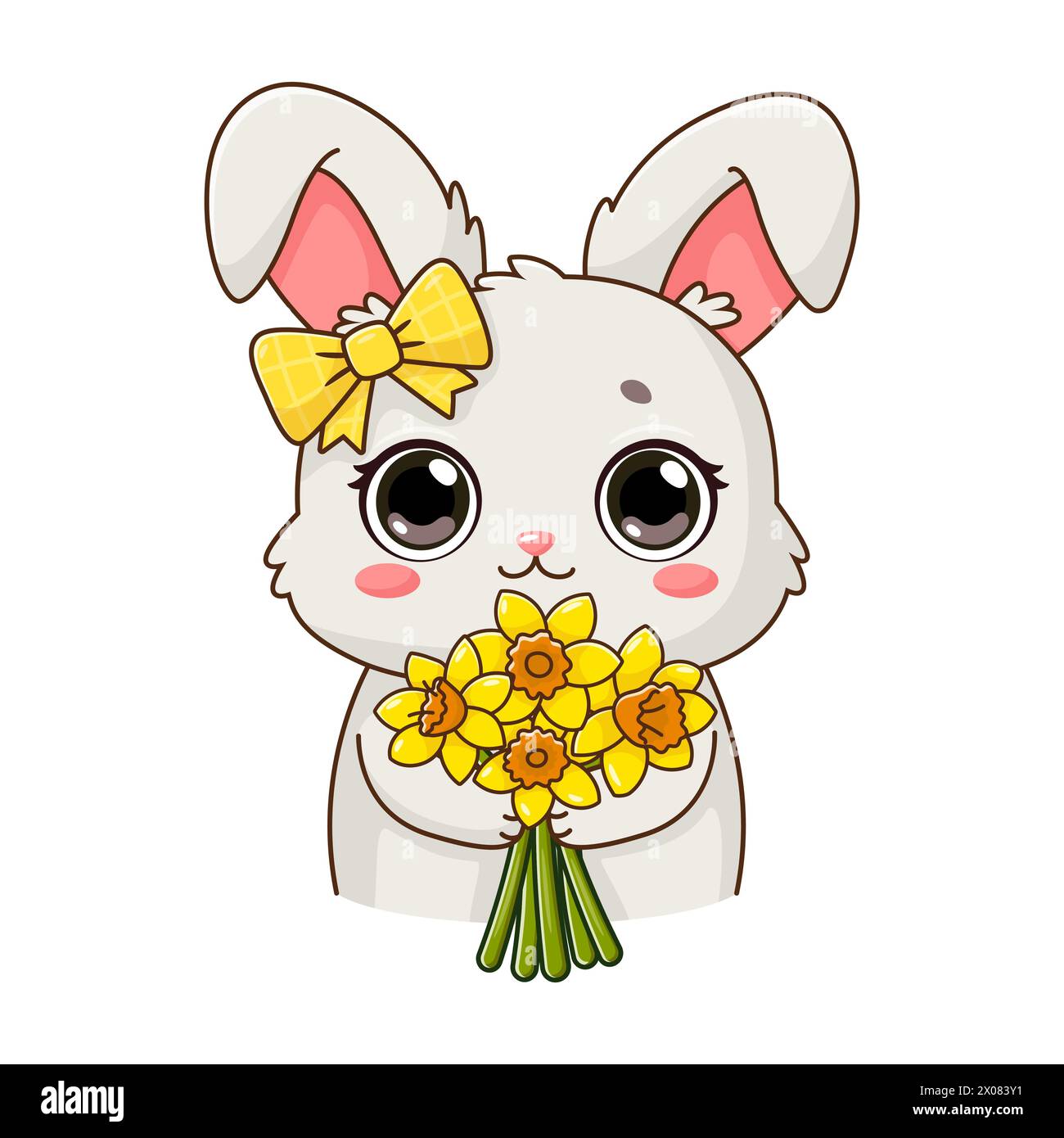 Adesivo con simpatico coniglio che regge il bouquet di narciso. Adorabile personaggio sorridente in stile cartoni animati. Estate, fiori primaverili. Illustrazione vettoriale isolata Illustrazione Vettoriale