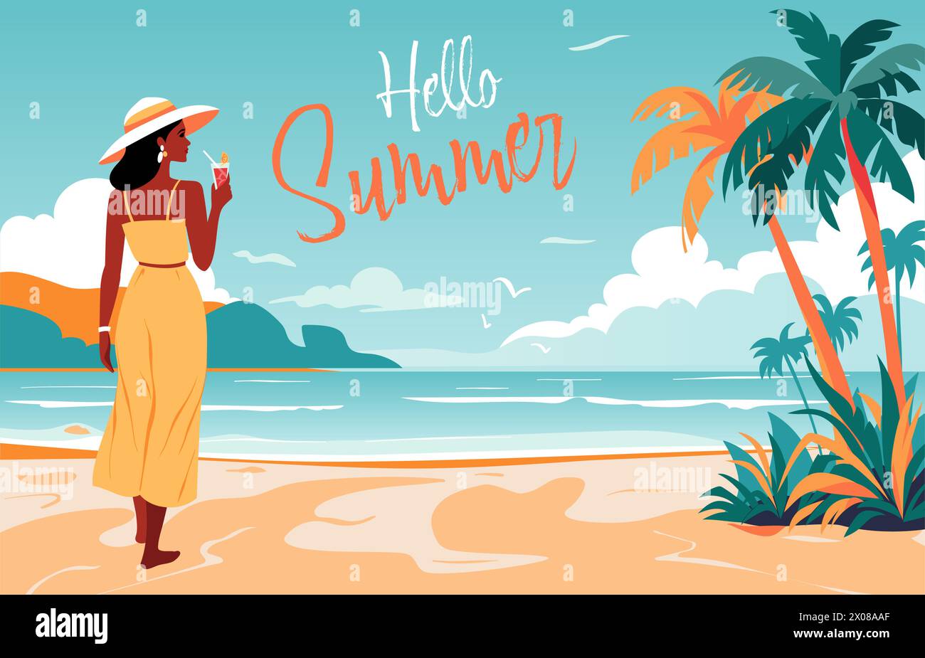 Design del concept Summer and Travel. Giovane donna con cocktail che guarda su una spiaggia tropicale con palme Illustrazione Vettoriale