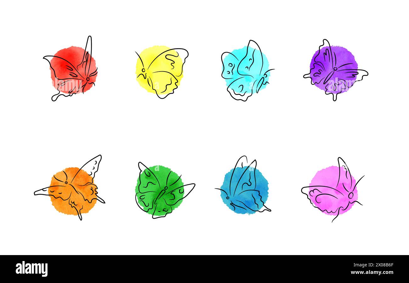 Farfalle calligrafiche su macchie d'aquarelle Illustrazione Vettoriale