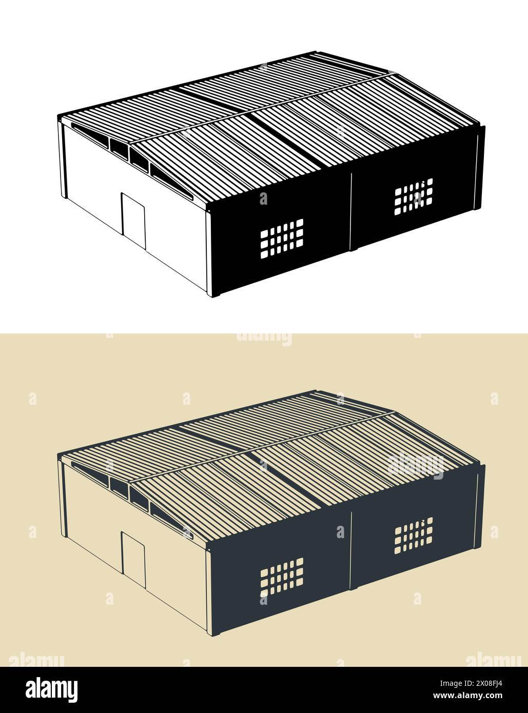 Illustrazioni vettoriali stilizzate di un hangar di fabbrica Illustrazione Vettoriale