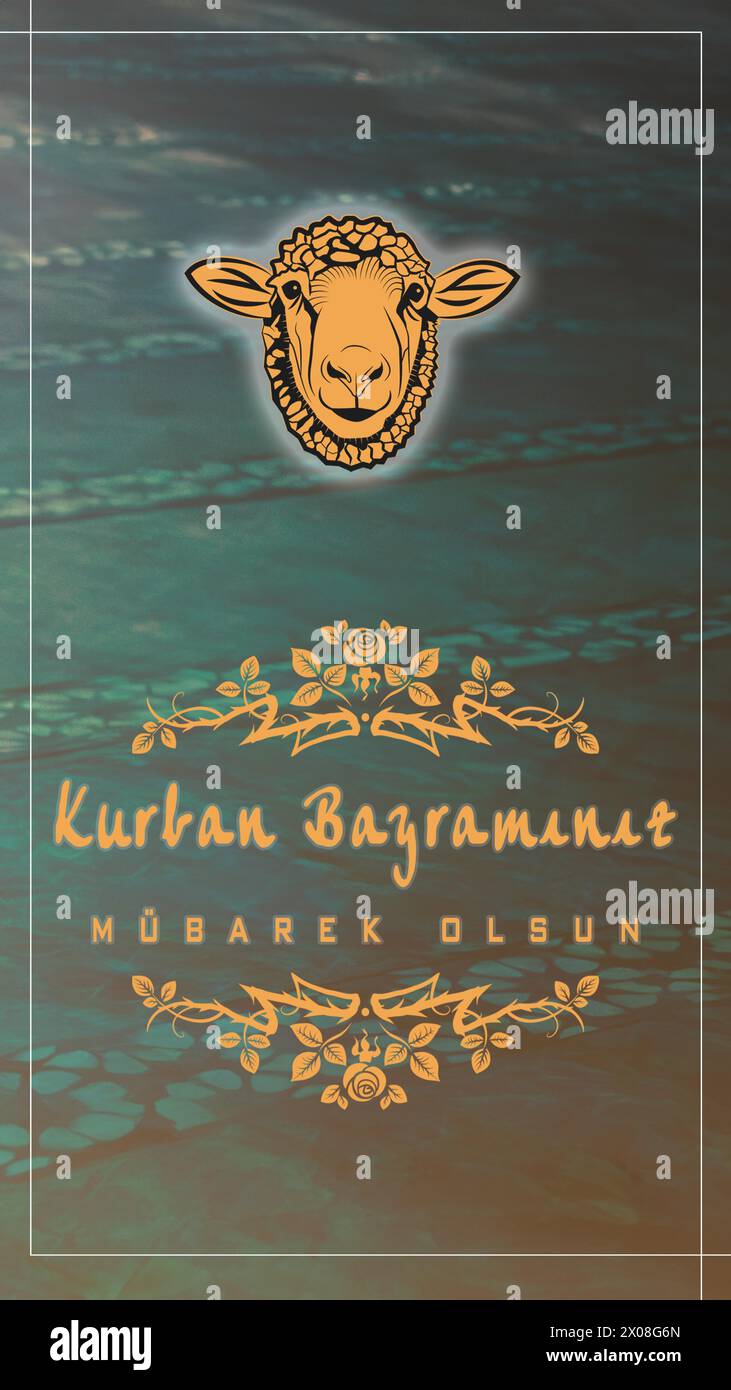 Saluto Kurban Bayraminiz Kutlu Olsun o Eid al-Adha con uno sfondo sereno, adornato da un dettagliato motivo di pecore Illustrazione Vettoriale