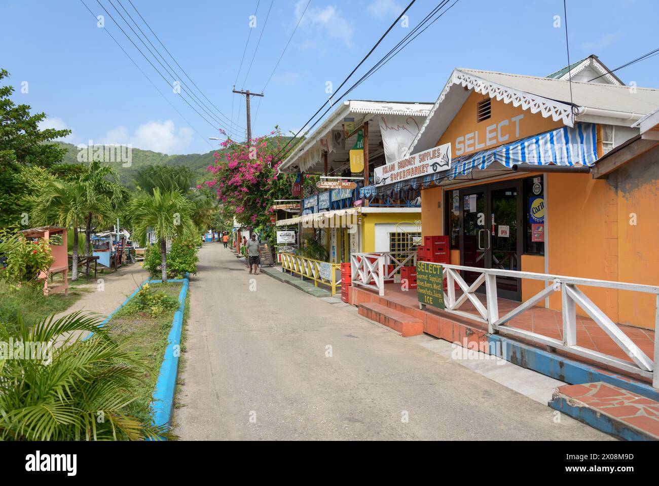 Negozi e ristoranti colorati, Port Elizabeth, Bequia Island, St Vincent e Grenadine, Caraibi Foto Stock