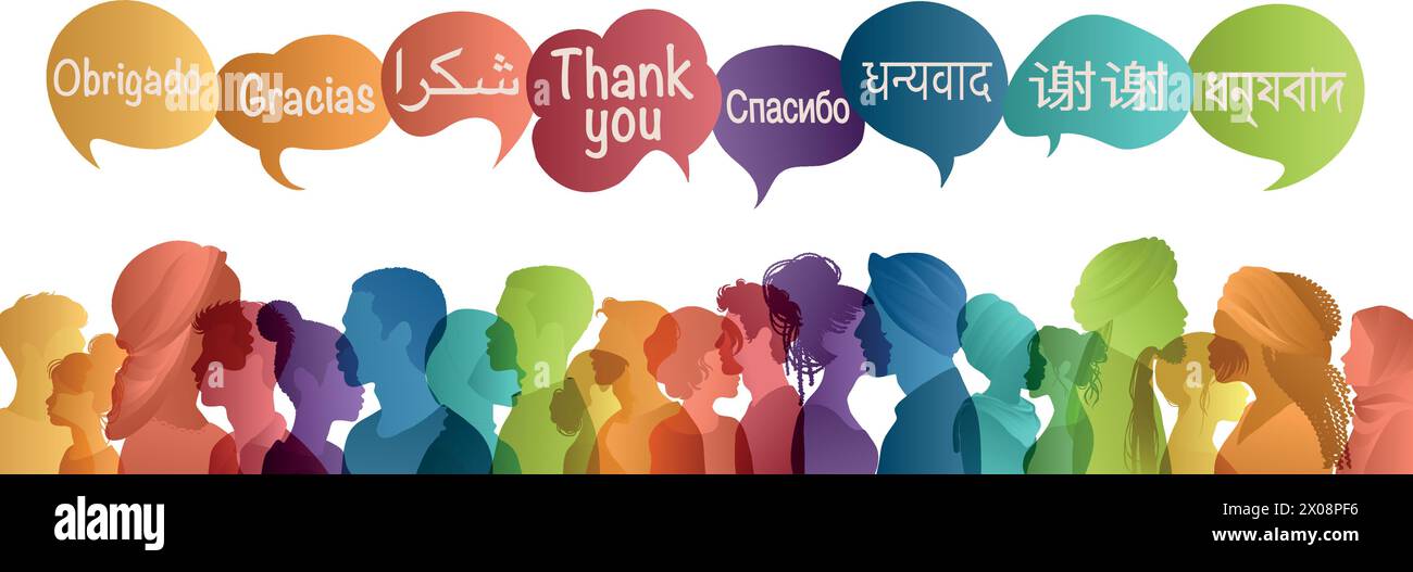 Bollicine con testo Grazie in varie lingue internazionali.gruppo di silhouette profilo di persone multiculturali provenienti da diversi paesi Illustrazione Vettoriale