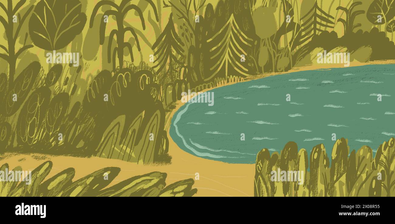 Un'illustrazione di una tranquilla foresta caratterizzata da un lago calmo circondato da alberi stilizzati e fogliame in una tavolozza rilassante. Foto Stock