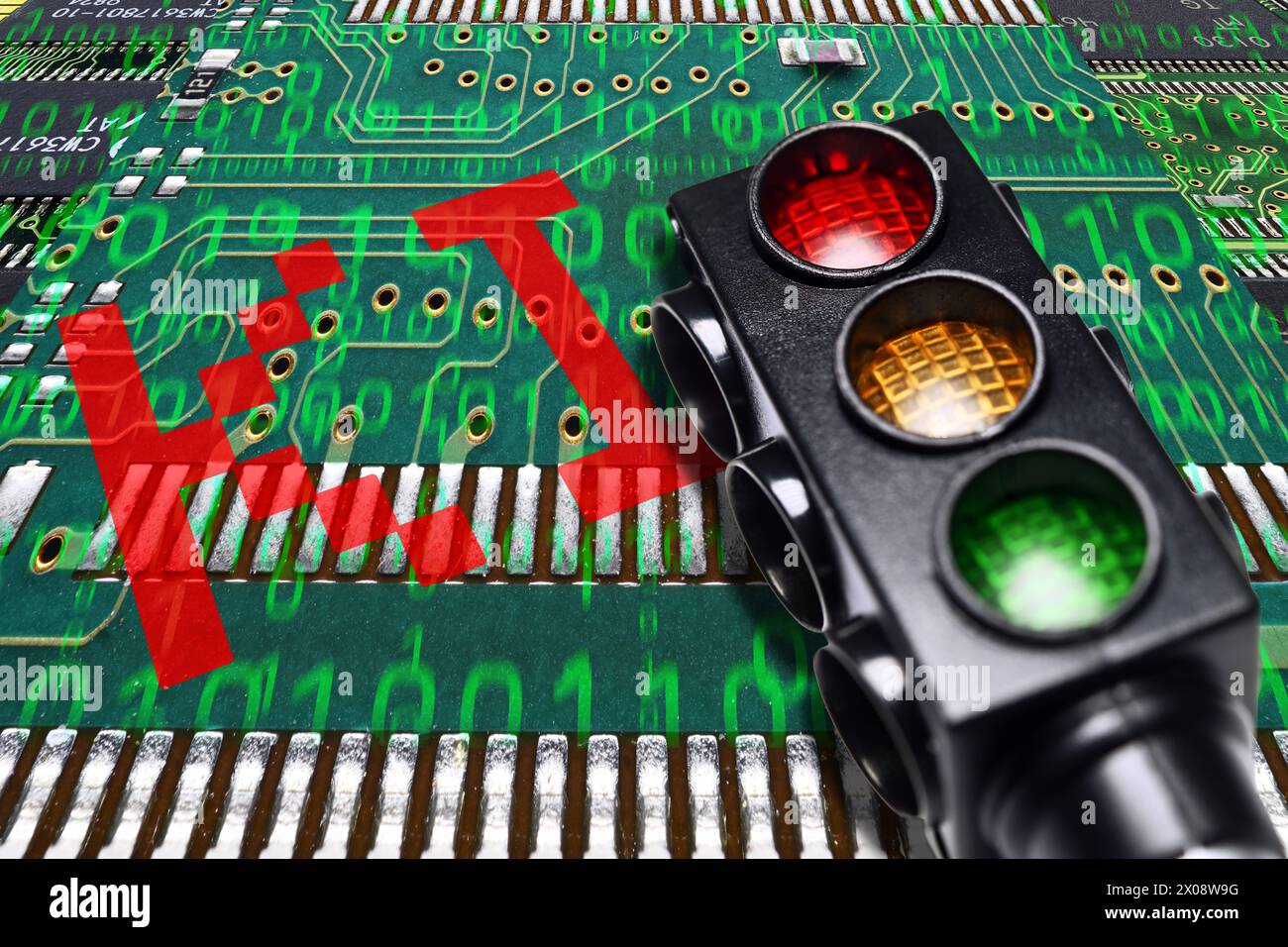 FOTOMONTAGE, Ampel auf Computerplatinen mit Aufschrift KI, Symbolfoto ki-gesteuerte Ampelschaltung *** FOTOMONTAGGIO, semaforo su schede per computer con iscrizione ai, simbolo foto circuito a semaforo controllato dall'IA Foto Stock