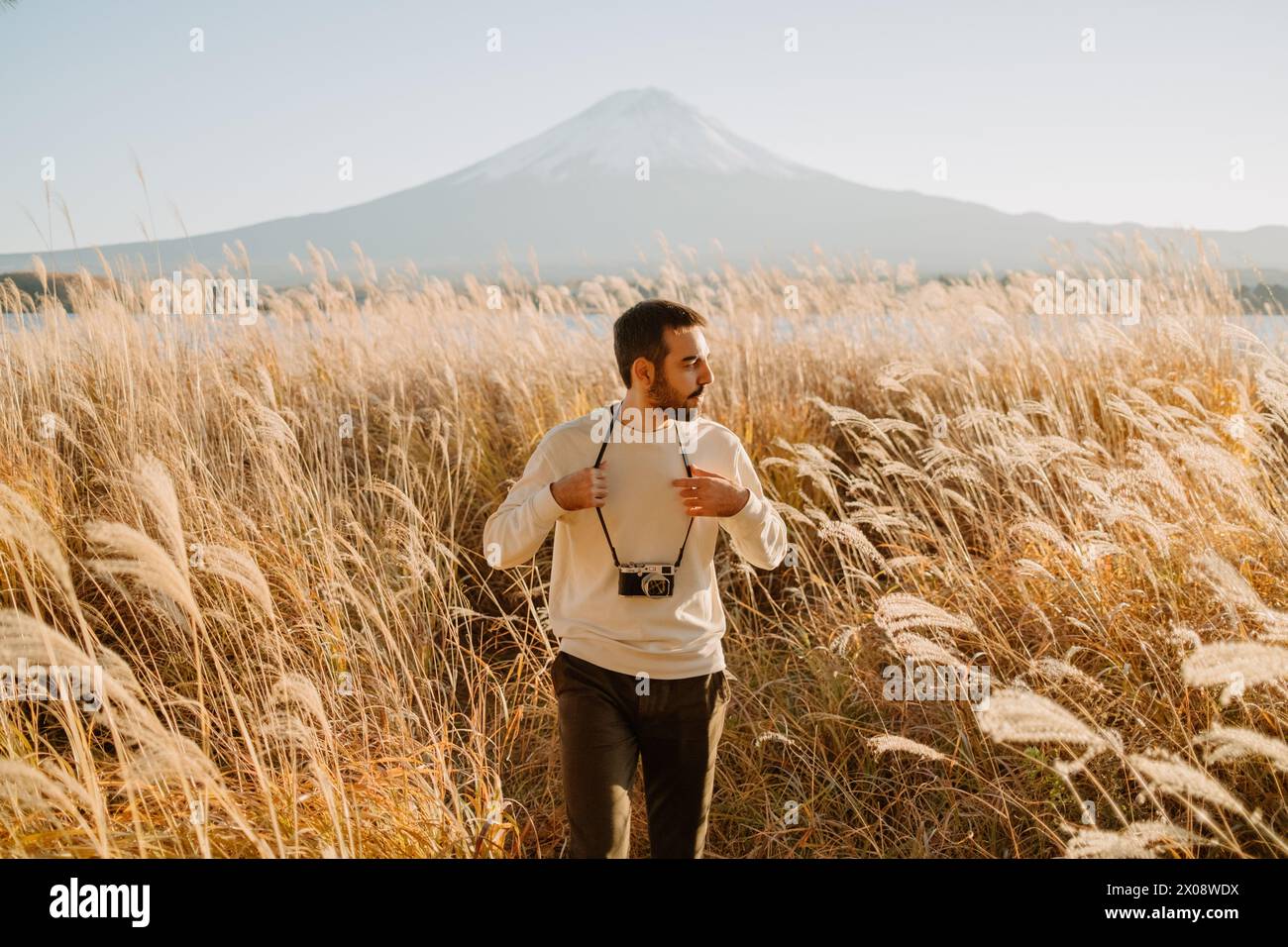 Un viaggiatore maschile con una macchina fotografica gode di vedute maestose del Monte Fuji, circondato da pampas d'oro sotto un cielo limpido Foto Stock