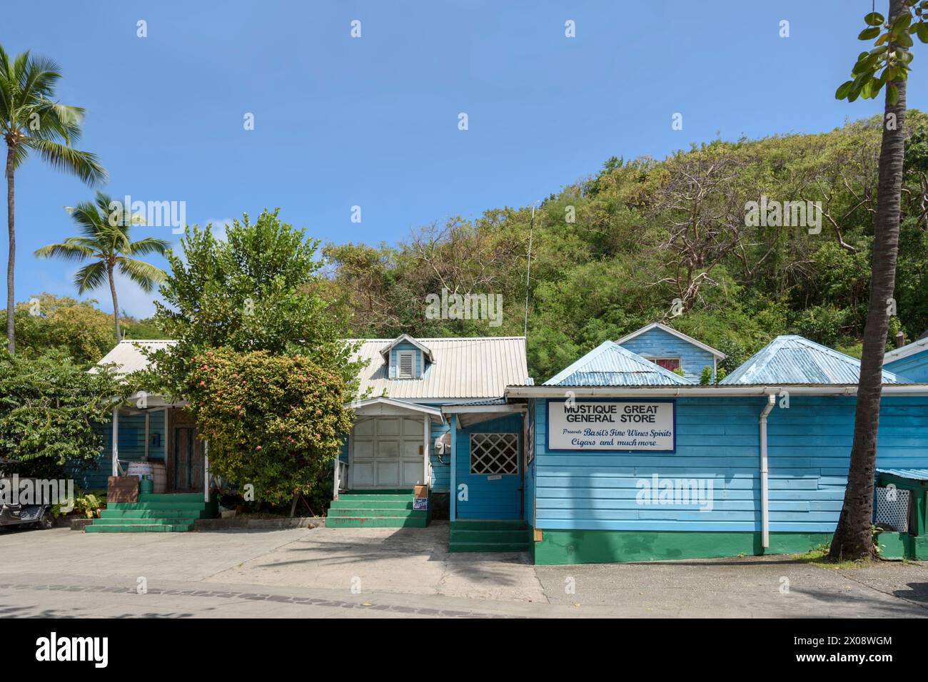 Mustique Great General Store a Lovell Village, Britannia Bay, Mustique Island, St Vincent e Grenadine, Caraibi Foto Stock