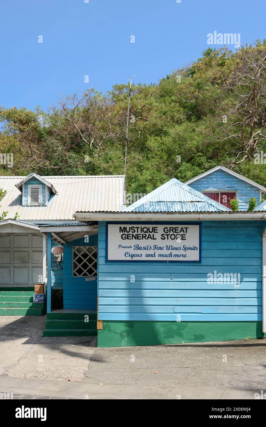 Mustique Great General Store a Lovell Village, Britannia Bay, Mustique Island, St Vincent e Grenadine, Caraibi Foto Stock