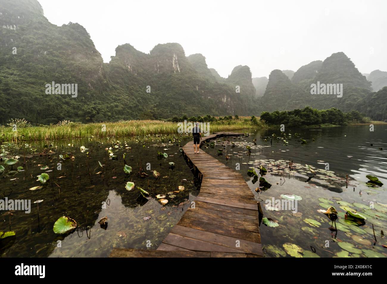 Un'immagine tranquilla che cattura una camminata individuale su un molo rustico in legno su un lago avvolto dalla nebbia circondato da lussureggianti montagne del Vietnam. Foto Stock