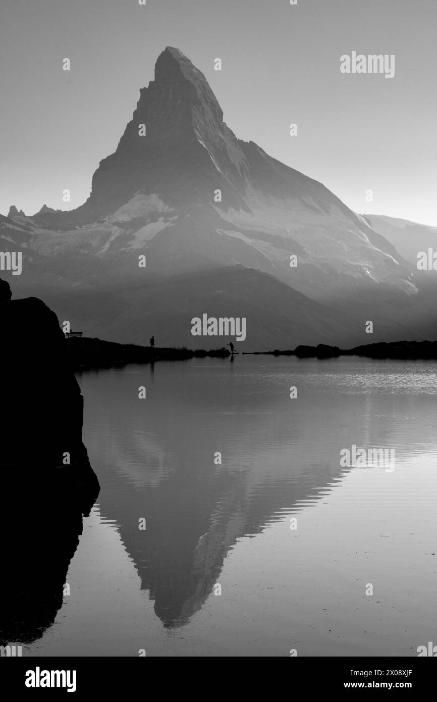 Un'immagine serena in scala di grigi che cattura l'incredibile riflesso del Cervino nelle calme acque di Stellisee, incorniciata dalle sagome di un fico lontano Foto Stock