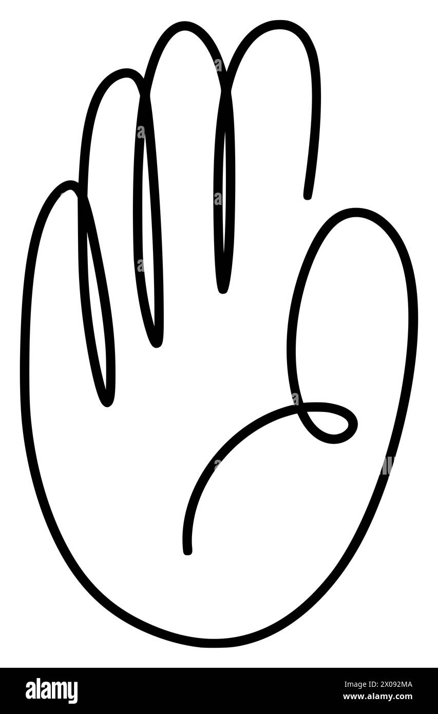 Linea tracciata del gesto dell'icona della mano destra su sfondo bianco, perfetta per un logo o un simbolo, segnale di avvertimento stop Illustrazione Vettoriale