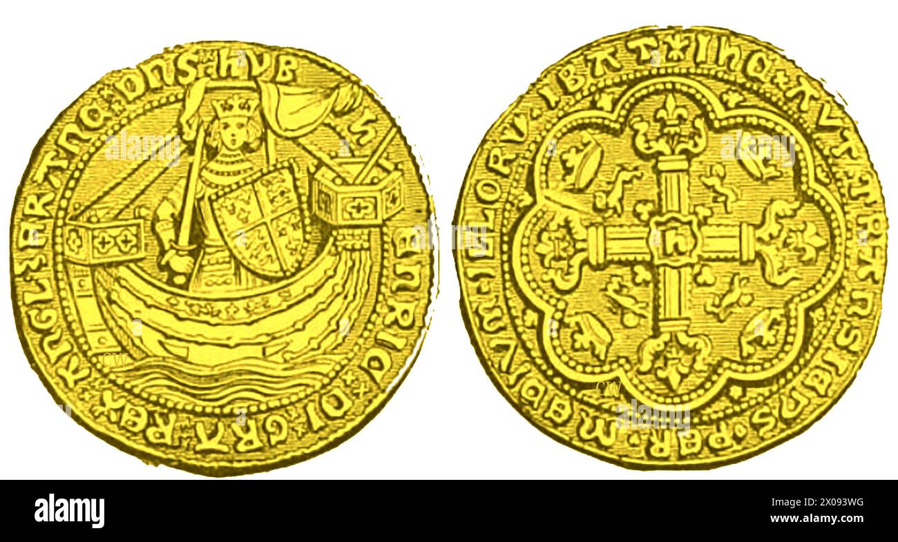 Una MONETA NOBILE D'ORO di Enrico V, la prima moneta d'oro inglese prodotta in quantità. Foto Stock