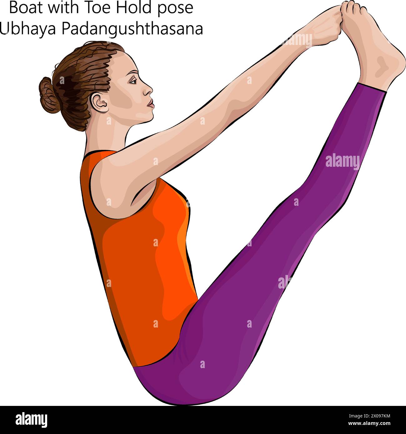 Giovane donna che pratica Ubhaya Padangushthasana posa. Barca con posa antiscivolo. Sia le dita grandi che la doppia convergenza mantengono la posizione. Illustrazione vettoriale isolata. Illustrazione Vettoriale