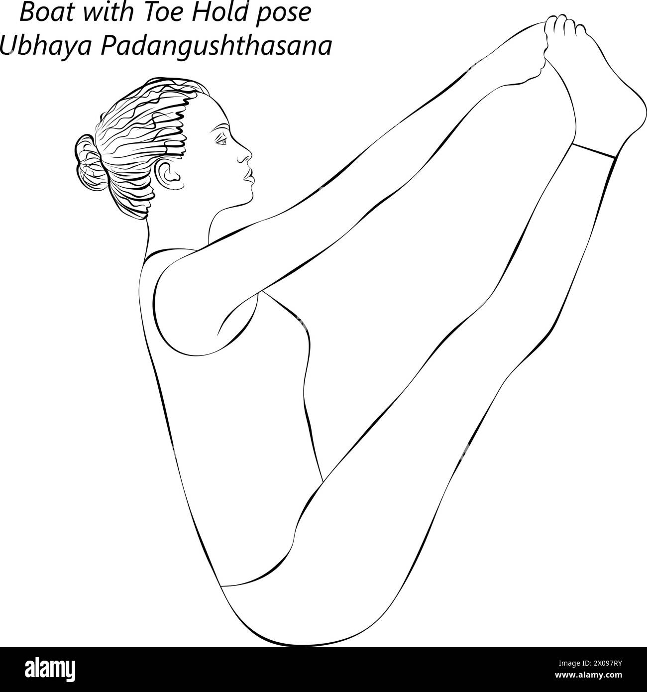 Schizzo di donna che pratica Ubhaya Padangushthasana posa. Barca con posa antiscivolo. Sia le dita grandi che la doppia convergenza mantengono la posizione. Illustrazione vettoriale isolata. Illustrazione Vettoriale