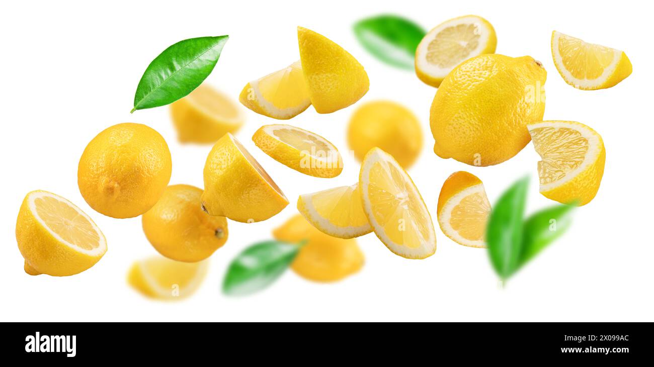 Frutti di limone maturi, fette di limone e foglie che levitano in aria isolati su sfondo bianco. Foto Stock