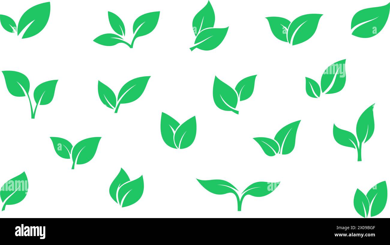 Set di icone verdi a foglie come simboli del principio di conservazione ambientale Illustrazione Vettoriale