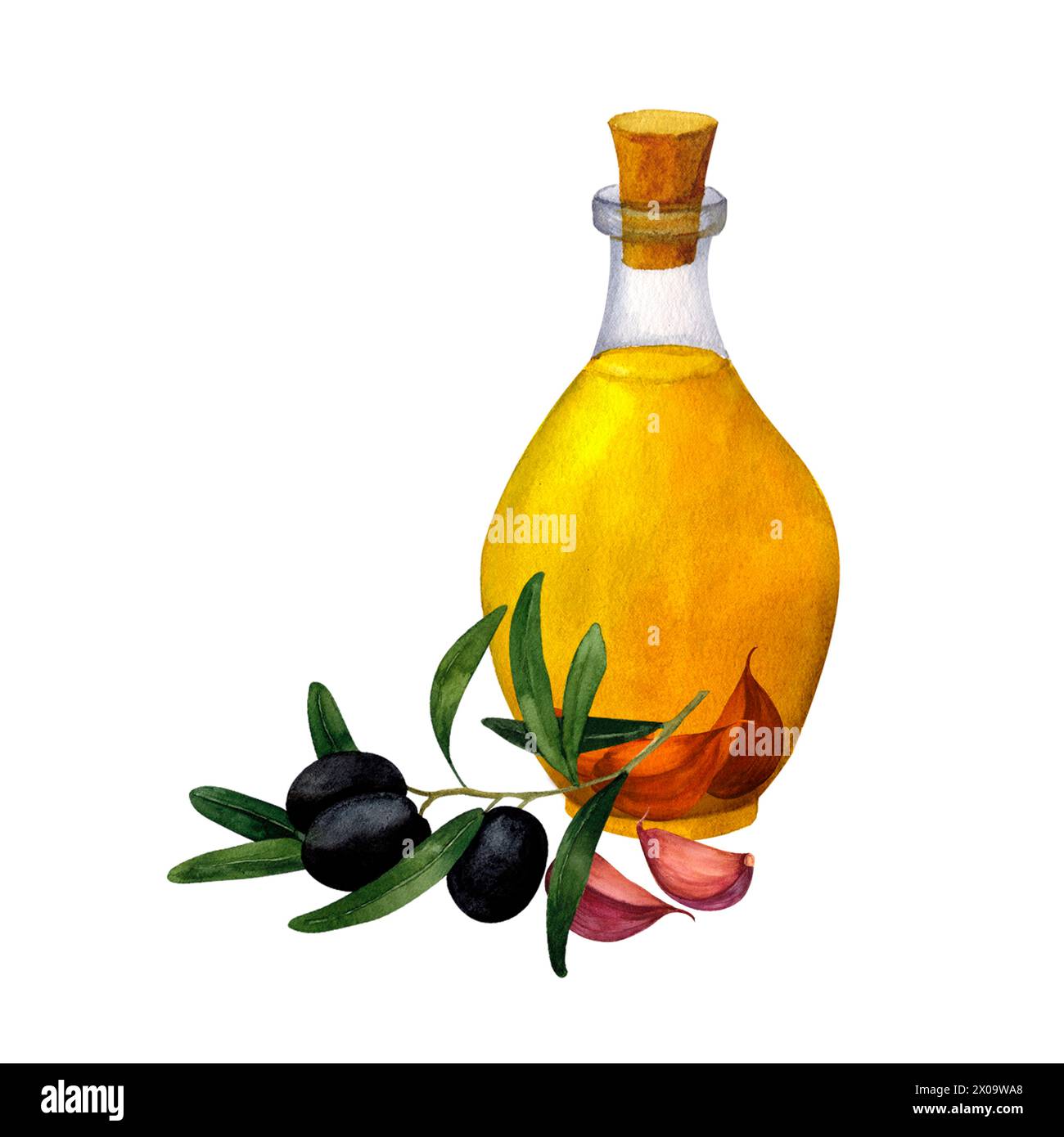 Una bottiglia di olio d'oliva profumato con aglio e ramoscello d'oliva, isolato su sfondo bianco. Può essere utilizzato per stampe su tessuti e carta, per abiti Foto Stock