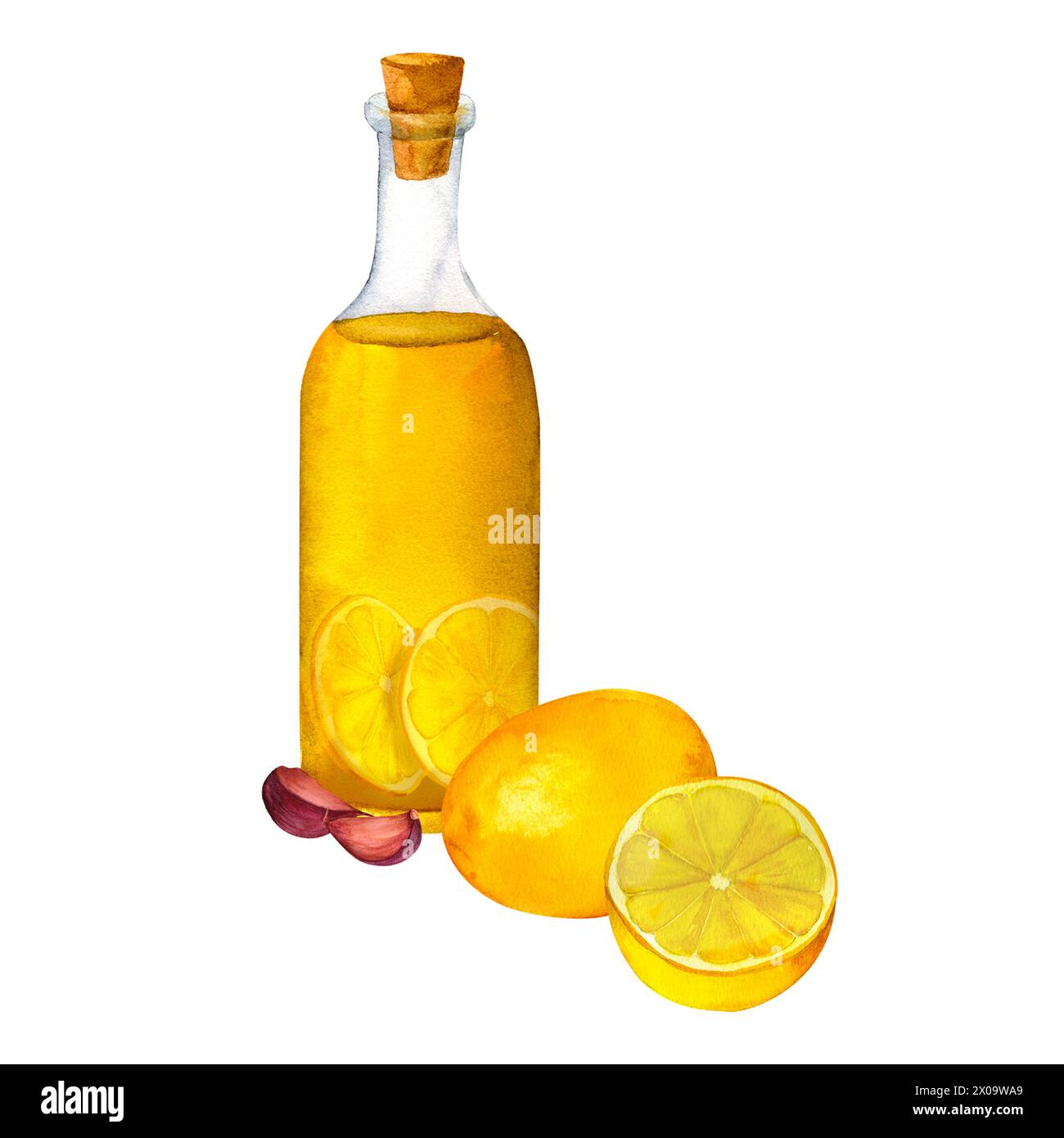 Una bottiglia di olio d'oliva profumato con limone e aglio, isolato su sfondo bianco. Può essere utilizzato per stampe su tessuti e carta, per abiti, per p Foto Stock