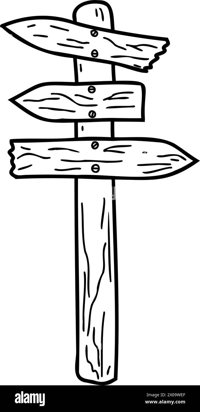 Vecchia segnaletica in legno con frecce segnaletica isolata su sfondo bianco. Illustrazione vettoriale disegnata a mano in stile doodle Illustrazione Vettoriale