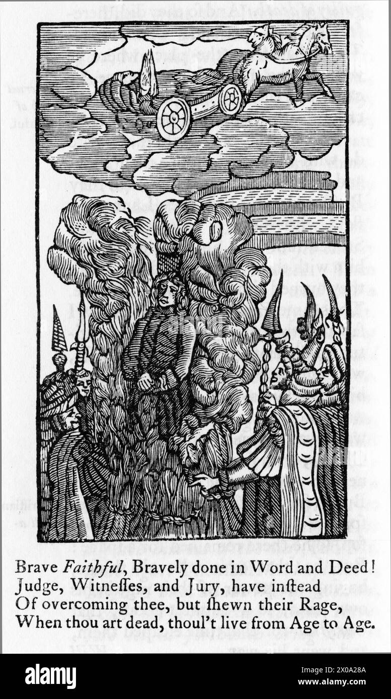 Incisione di una scena dal libro di John Bunyan The Pilgrim's Progress nel 1678, che mostra i fedeli bruciati sul rogo in Vanity Fair Foto Stock